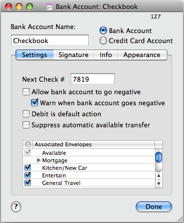 bank account info window