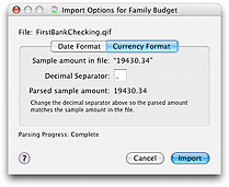 Import Progress window screenshot - QIF currency format